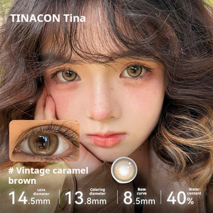 Model wearing Tinacon Vintage Caramel Brown contact lenses with a 14.5mm diameter for natural doll eye widening.