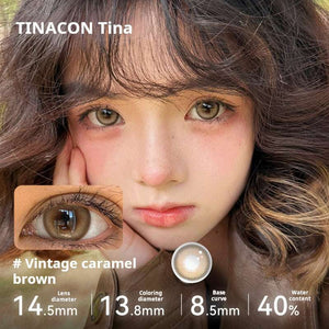 Model wearing Tinacon Vintage Caramel Brown contact lenses with a 14.5mm diameter for natural doll eye widening.