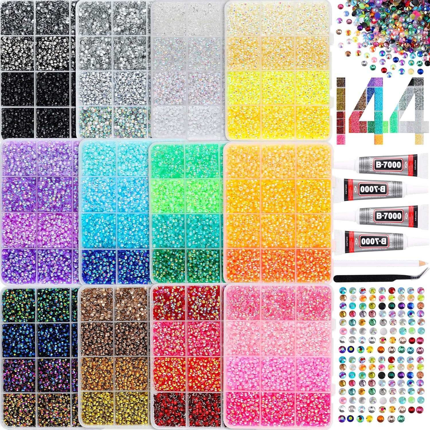 144-grid ultimate Flatback Gems rhinestone kit offering maximum color choices, adhesives, and picking tools.