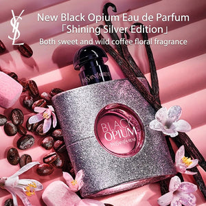 صورة ترويجية لعطر Black Opium Silver Edition مع حبوب البن والزهور