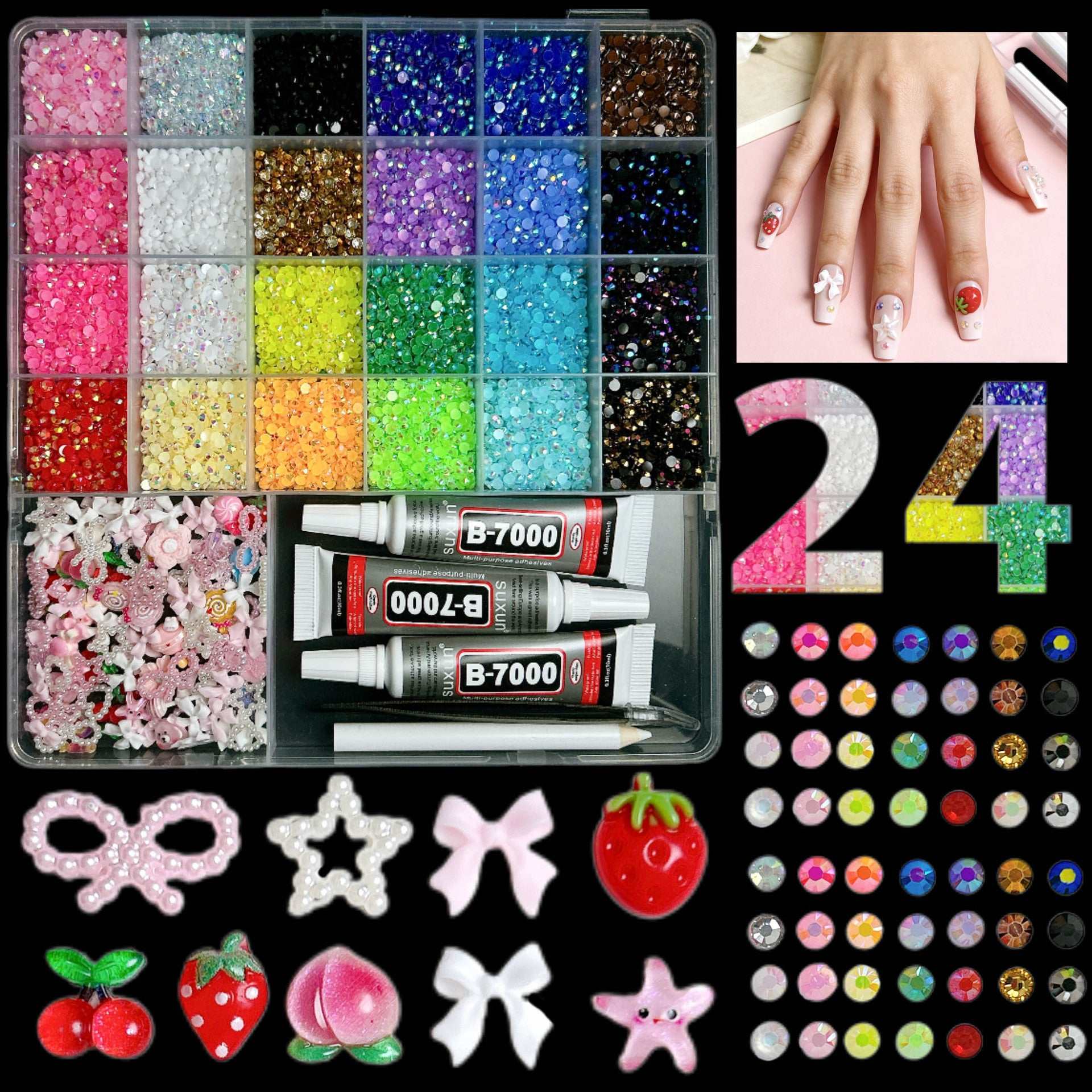 24-grid Nail Art Gems kit with various shaped charms, AB rhinestones, precision tweezers, and B-7000 glue.