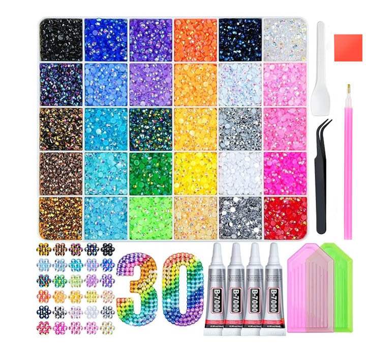 30-grid large Rhinestone Gems Kit featuring a wide variety of colors, dual tools, and adhesive.