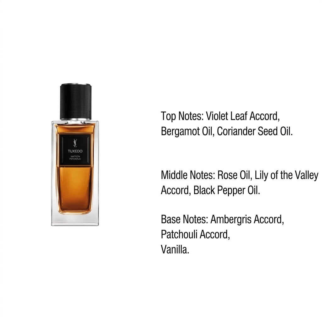 زجاجة عطر TUXEDO من الأمام مع وصف نوتات العطر