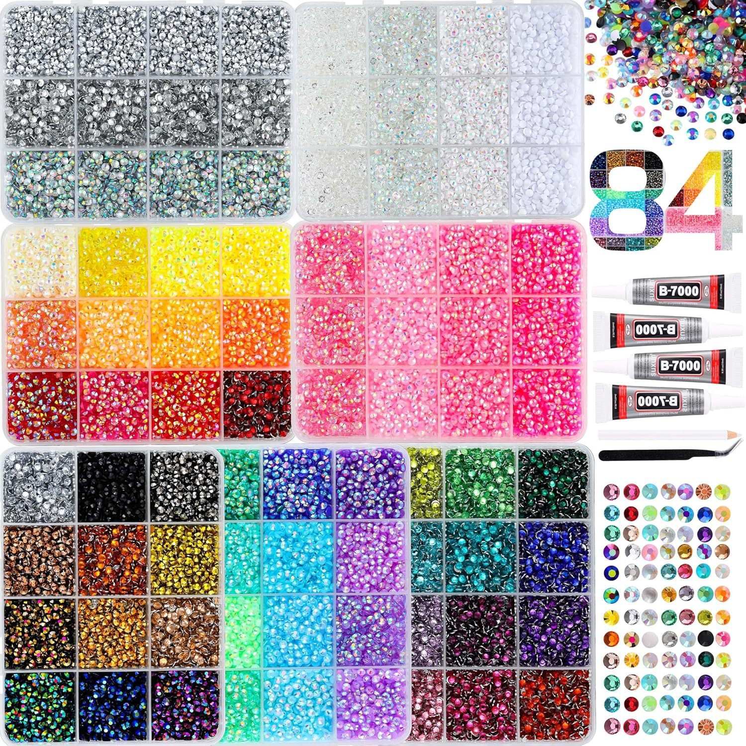 84-grid extensive collection of Craft Gems in multi-tier storage cases with application tools.