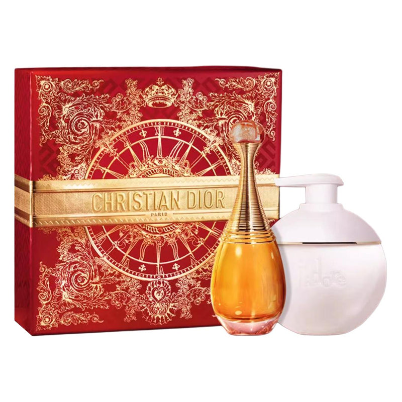 مجموعة عطر وغسول جسم بعبوة هدايا حمراء مع زجاجتين