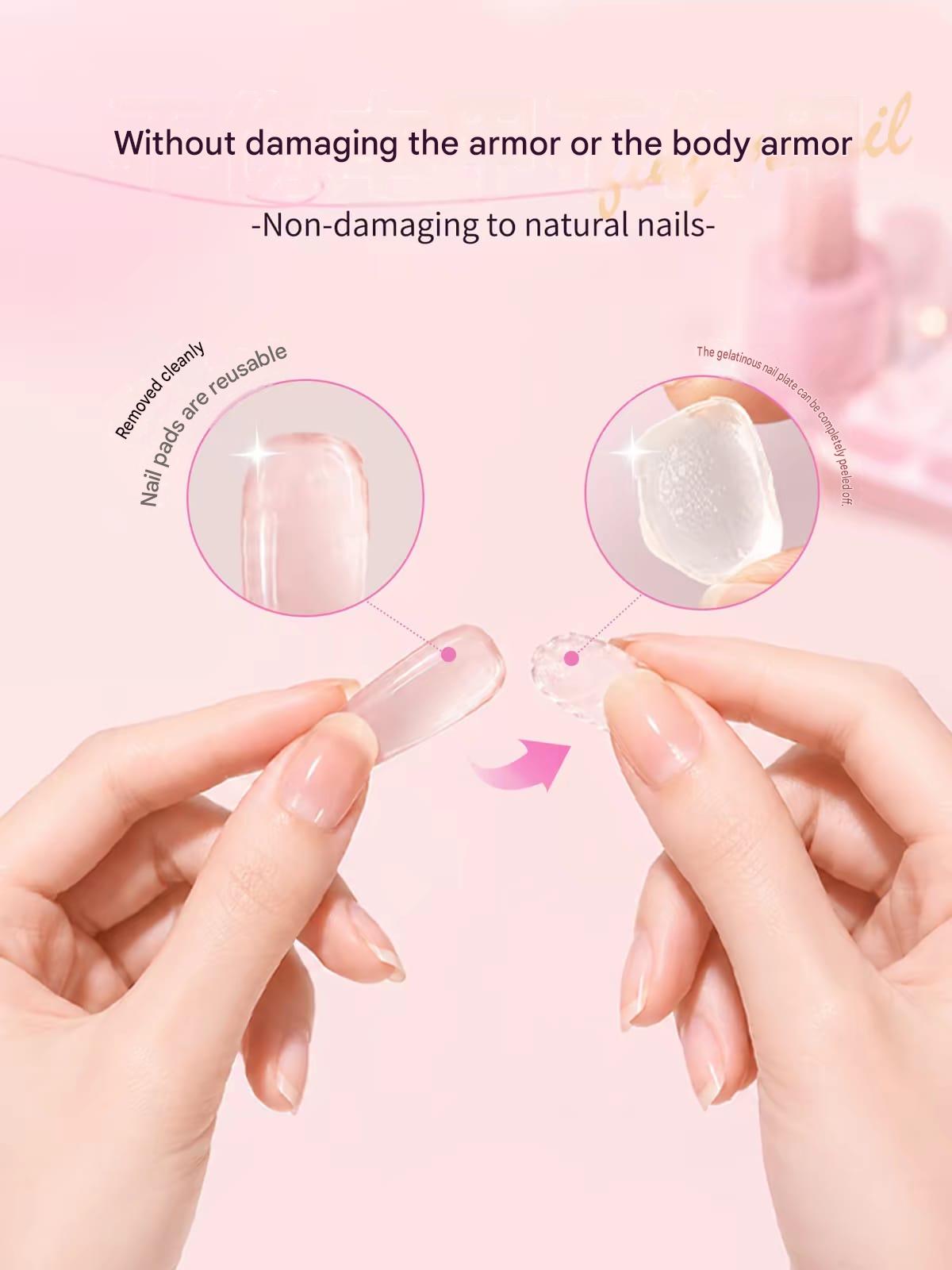 A close-up of hands demonstrating a reusable clear nail film or protective nail cover, with two circular inset close-ups showing the transparent material. Text at the top says it does not damage armor or natural nails, on a soft pink background.