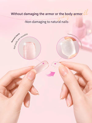 A close-up of hands demonstrating a reusable clear nail film or protective nail cover, with two circular inset close-ups showing the transparent material. Text at the top says it does not damage armor or natural nails, on a soft pink background.