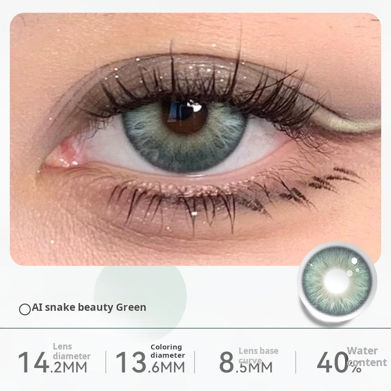 Close-up of an eye wearing "Almalis beauty Green" contact lenses, featuring a multi-toned, bright teal and green pattern. Specifications: 14.2mm diameter, 13.6mm graphic diameter, 8.5mm base curve, 40% water content.