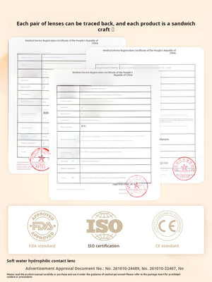 Documentation page showing official certification forms and stamps, including FDA, ISO, and CE logos, guaranteeing product authenticity.