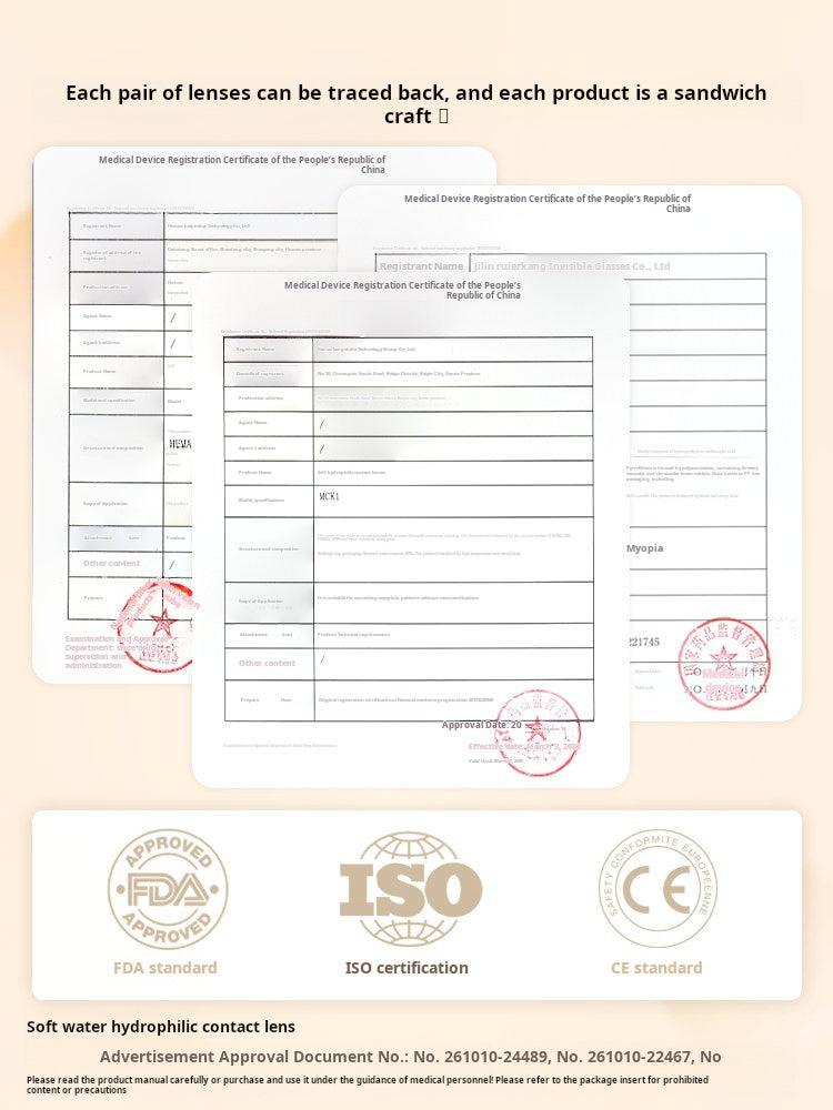 Documentation page showing official certification forms and stamps, including FDA, ISO, and CE logos, guaranteeing product authenticity.