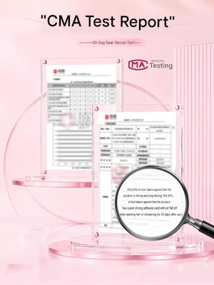 A pink promotional graphic for a CMA Test Report, showing clear acrylic document holders with printed test report pages, a magnifying glass, and an MA Testing logo on a soft pink background.