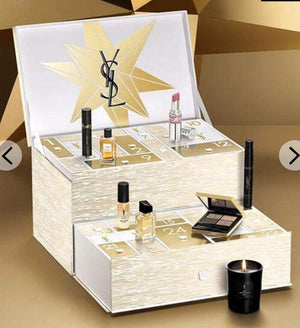 تقويم أعياد 2025 من إيف سان لوران بتصميم فاخر ومجوهرات ذهبية مع منتجات مكياج وعطور وعناية بالبشرة