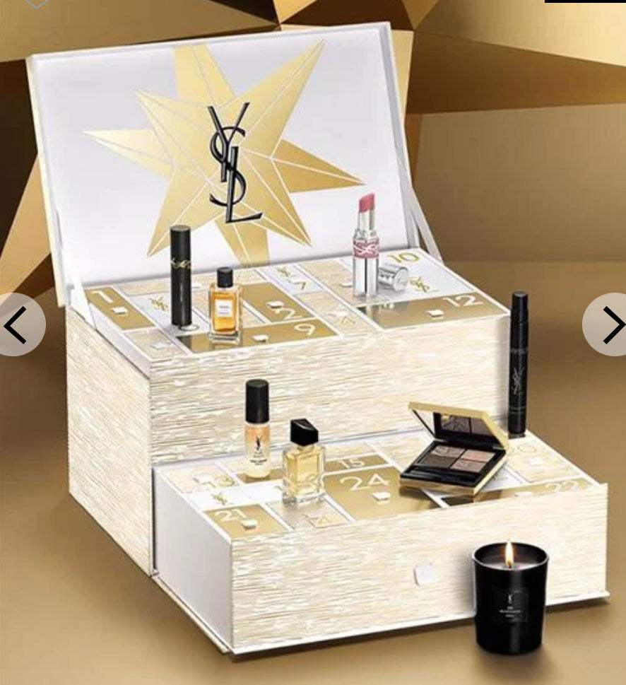 تقويم أعياد 2025 من إيف سان لوران بتصميم فاخر ومجوهرات ذهبية مع منتجات مكياج وعطور وعناية بالبشرة