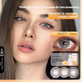 Promotional banner for Tinacon Yunna x exclusive live streaming cosmetic contact lenses, featuring a close-up of a woman with large, vibrant eyes, promotional text "2 items: get 50 yuan off instantly with a coupon", and a price of 34.9.