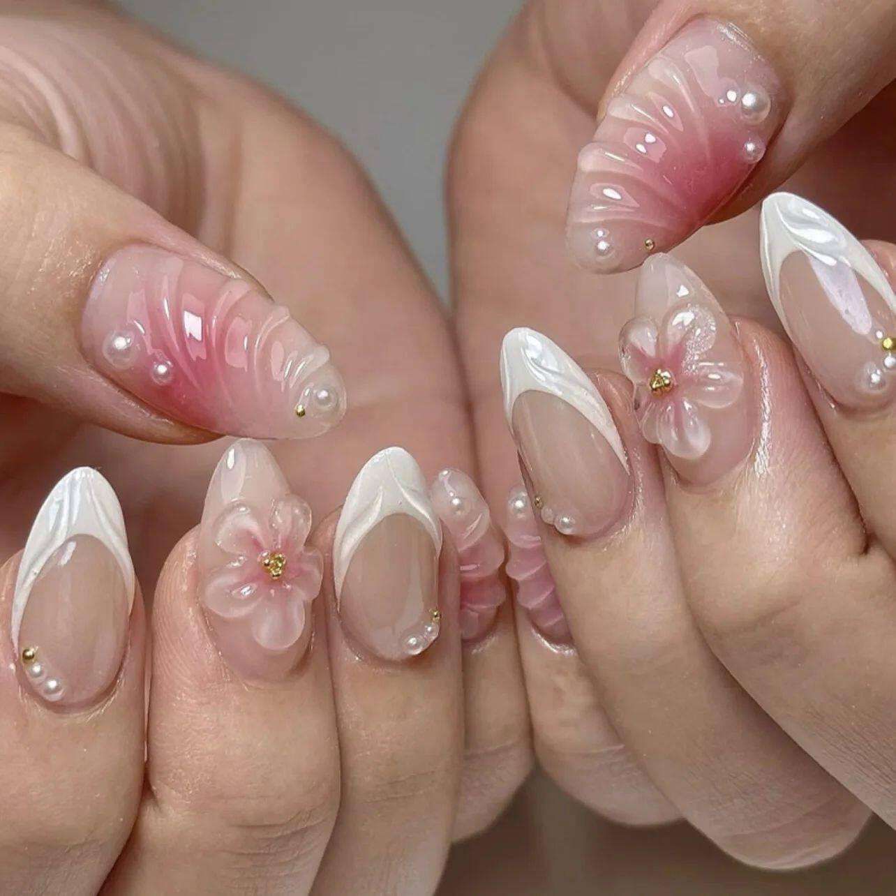 24Pcs Sweet Cool Almond Nail Set Press on Acrylic Nails 3D F.
