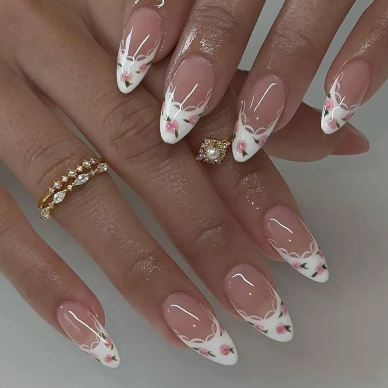 24pcs Simple Almond False Nails Sets Blush Design Press on N.