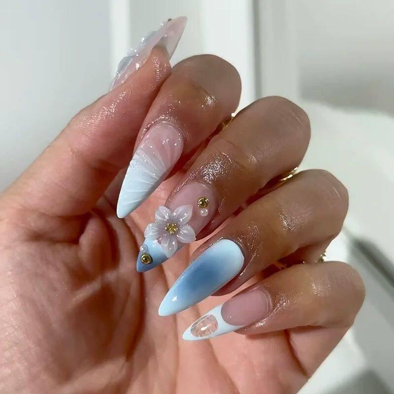 24Pcs Sweet Cool Almond Nail Set Press on Acrylic Nails 3D F.