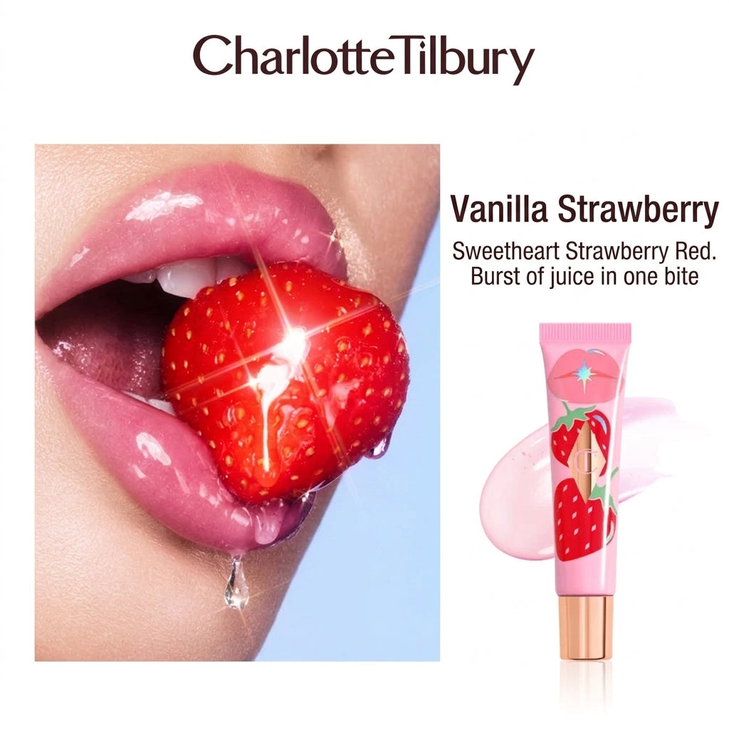 زيت شفاه لامع بدرجة Strawberry Vanilla، شفاه مع حبة فراولة وأنبوب وردي