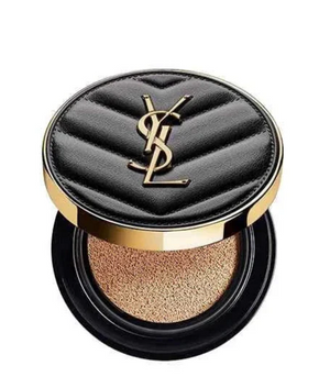 YSL Cushion Foundation luxury compact with black quilted case and beige foundation swatch, providing natural radiant coverage.