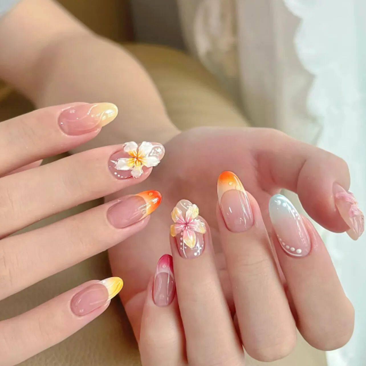 24Pcs Sweet Cool Almond Nail Set Press on Acrylic Nails 3D F.