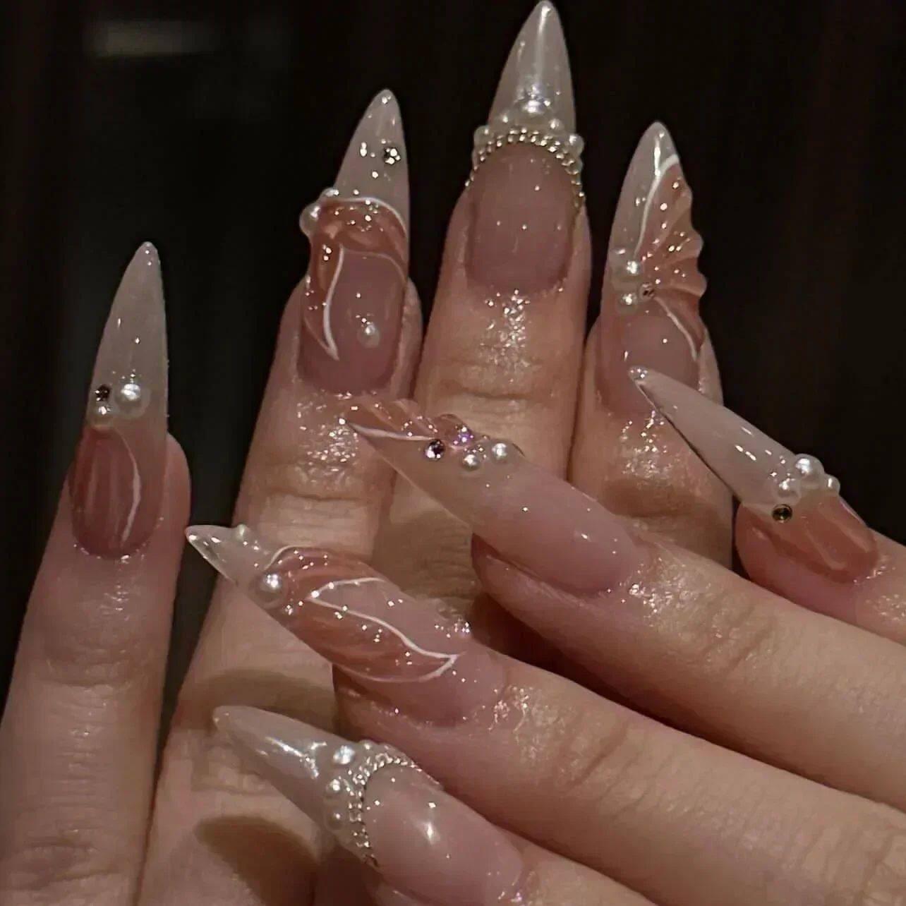 24Pcs Sweet Cool Almond Nail Set Press on Acrylic Nails 3D F.