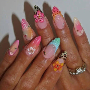 24Pcs Sweet Cool Almond Nail Set Press on Acrylic Nails 3D F.