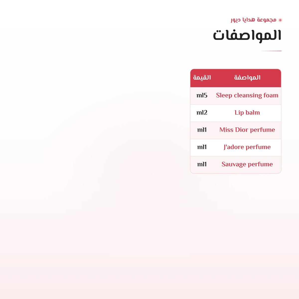 صورة مواصفات مجموعة هدايا ديور مع تفاصيل المحتويات والأحجام