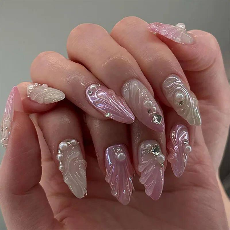 24Pcs Sweet Cool Almond Nail Set Press on Acrylic Nails 3D F.
