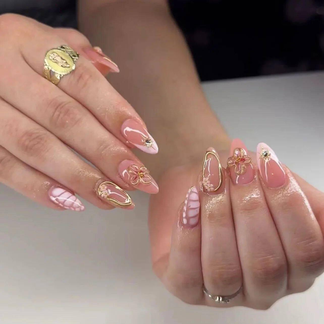 24Pcs Sweet Cool Almond Nail Set Press on Acrylic Nails 3D F.