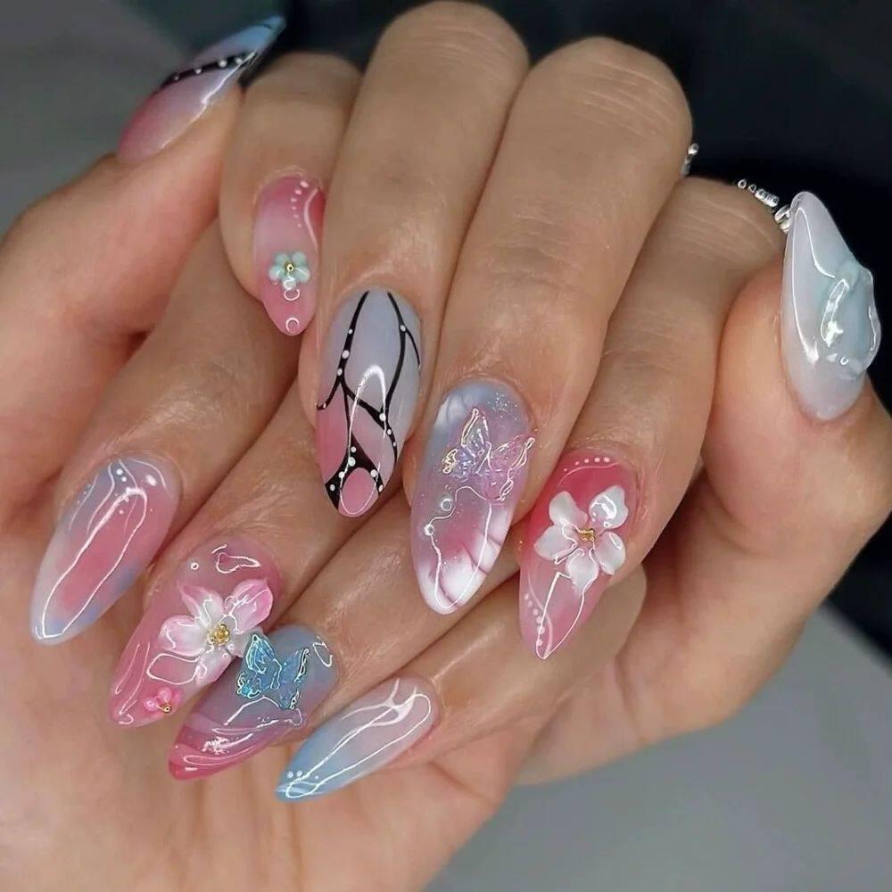 24Pcs Sweet Cool Almond Nail Set Press on Acrylic Nails 3D F.