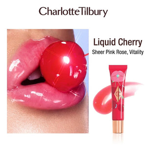 زيت شفاه لامع بدرجة Cherry Glaze، شفاه مع حبة كرز وأنبوب أحمر وعينة القوام