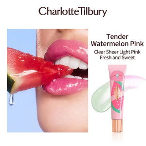 زيت شفاه لامع بدرجة Pink Watermelon، شفاه مع شريحة بطيخ وأنبوب وردي