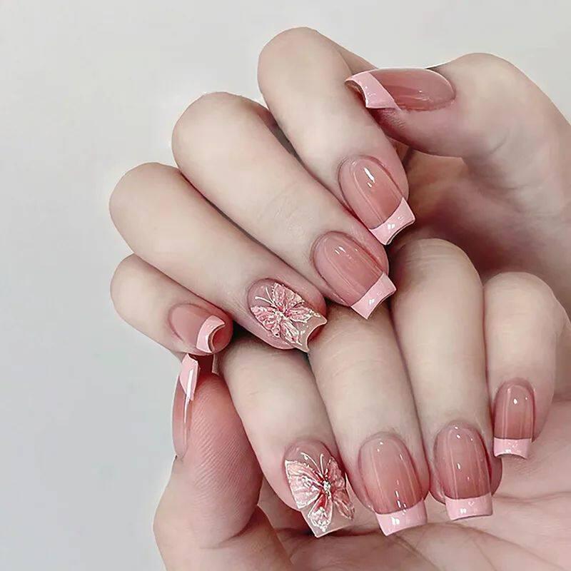 24pcs Simple Almond False Nails Sets Blush Design Press on N.