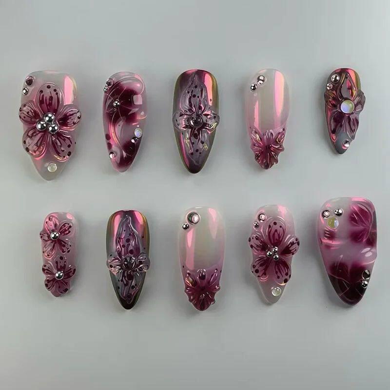 24Pcs Sweet Cool Almond Nail Set Press on Acrylic Nails 3D F.