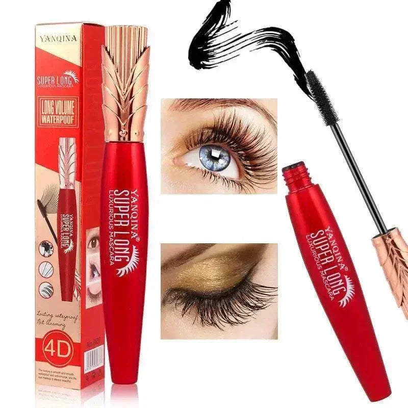 4D Silk Fiber Lash Mascara tube with brush showing waterproof, smudge-proof intense black lashes for long-lasting volume and length