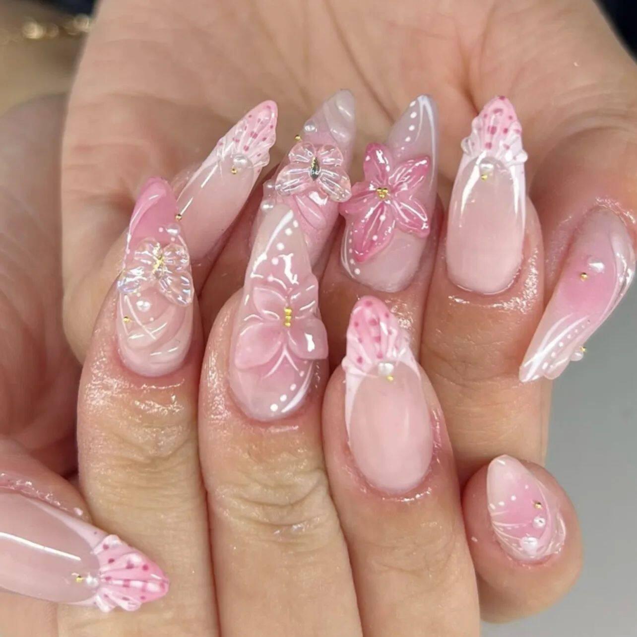 24Pcs Sweet Cool Almond Nail Set Press on Acrylic Nails 3D F.