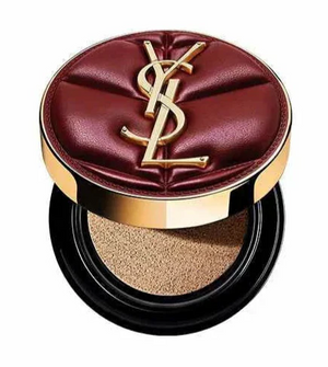 YSL Cushion Foundation luxury compact with creamy beige foundation shade and elegant burgundy gold casing.