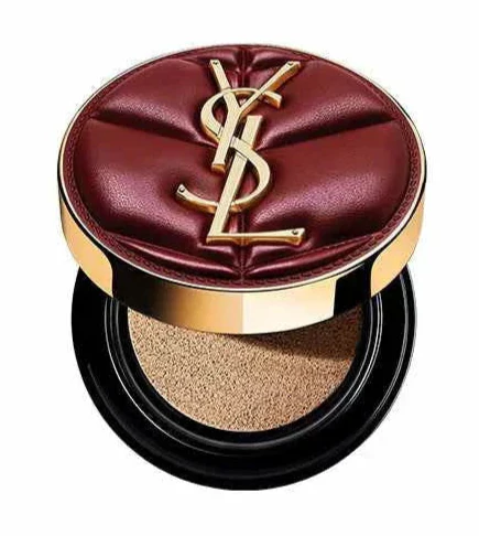 YSL Cushion Foundation luxury compact with creamy beige foundation shade and elegant burgundy gold casing.