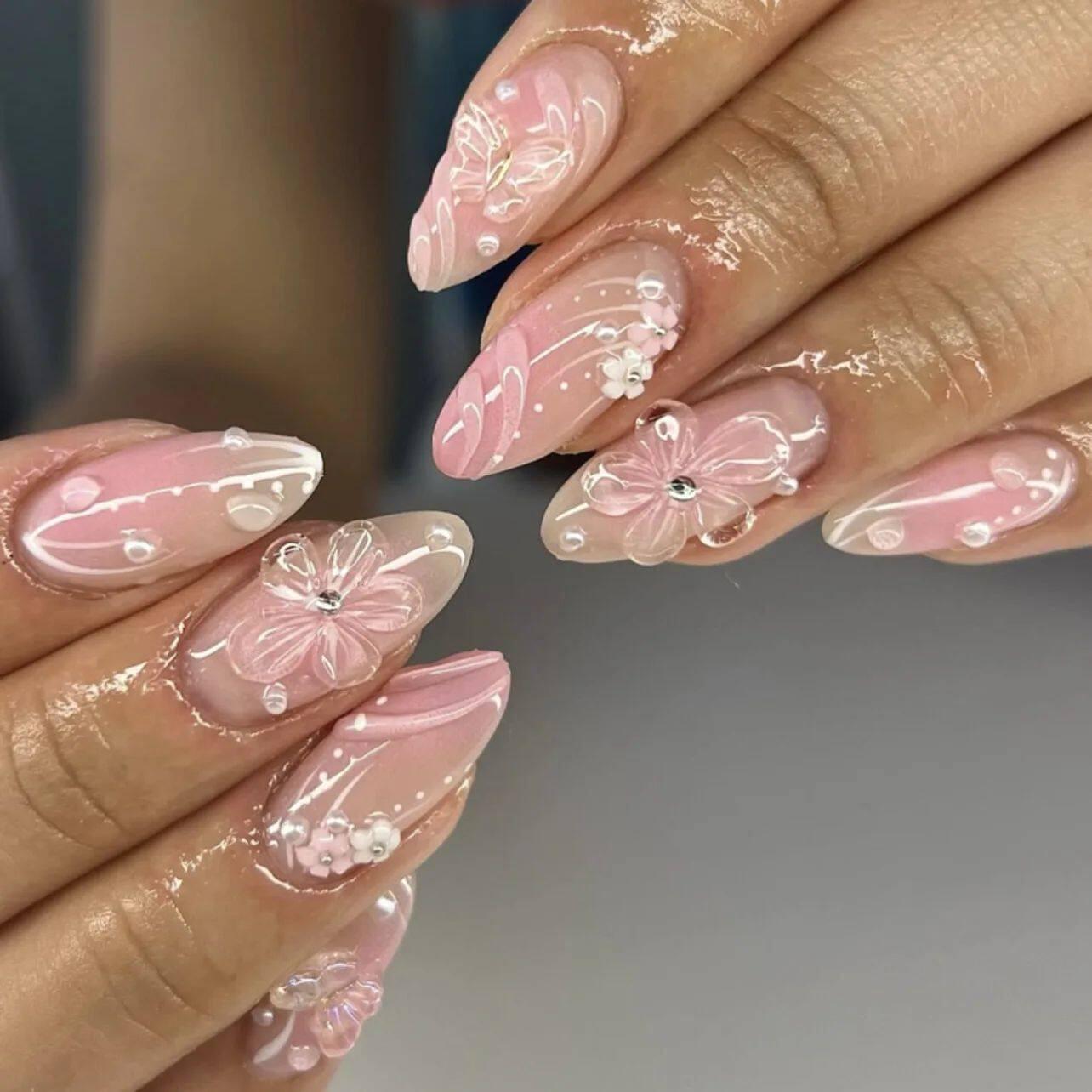 24Pcs Sweet Cool Almond Nail Set Press on Acrylic Nails 3D F.