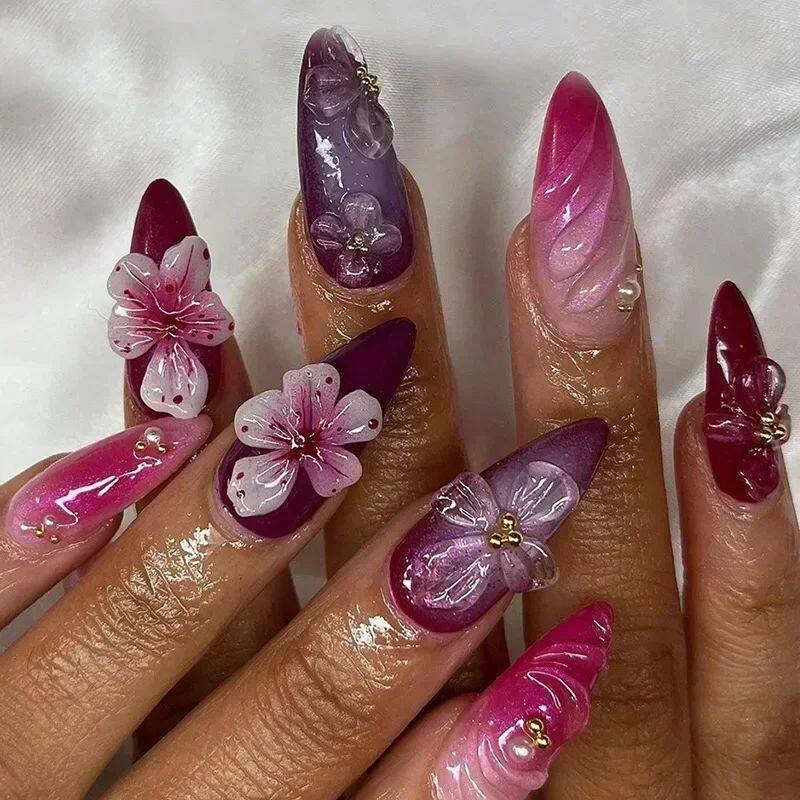 24Pcs Sweet Cool Almond Nail Set Press on Acrylic Nails 3D F.