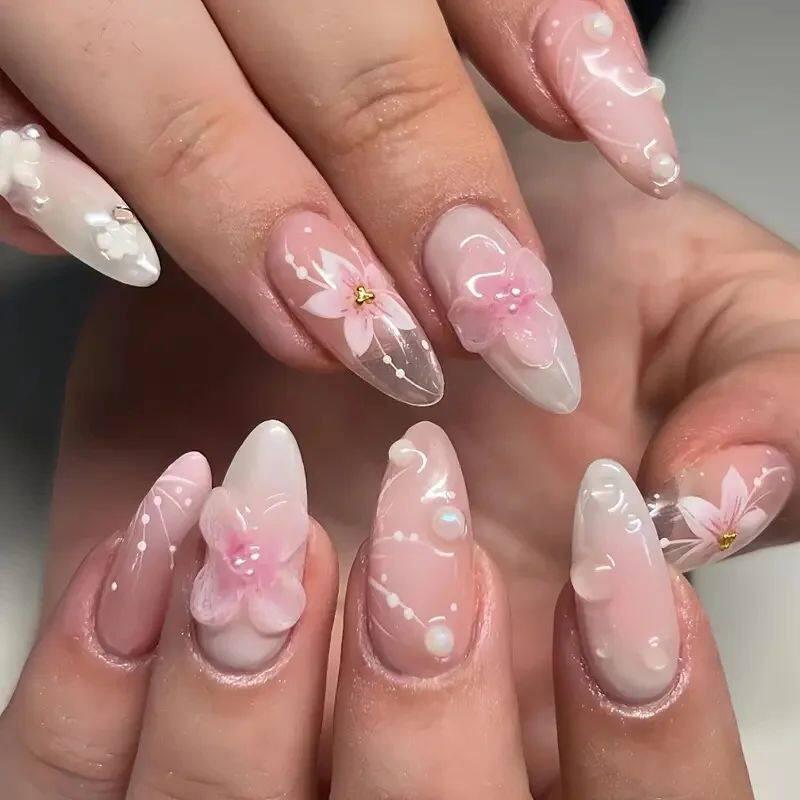 24Pcs Sweet Cool Almond Nail Set Press on Acrylic Nails 3D F.
