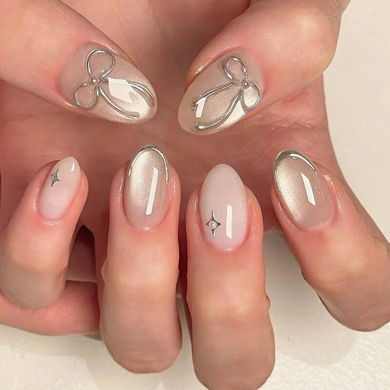 24pcs Simple Almond False Nails Sets Blush Design Press on N.