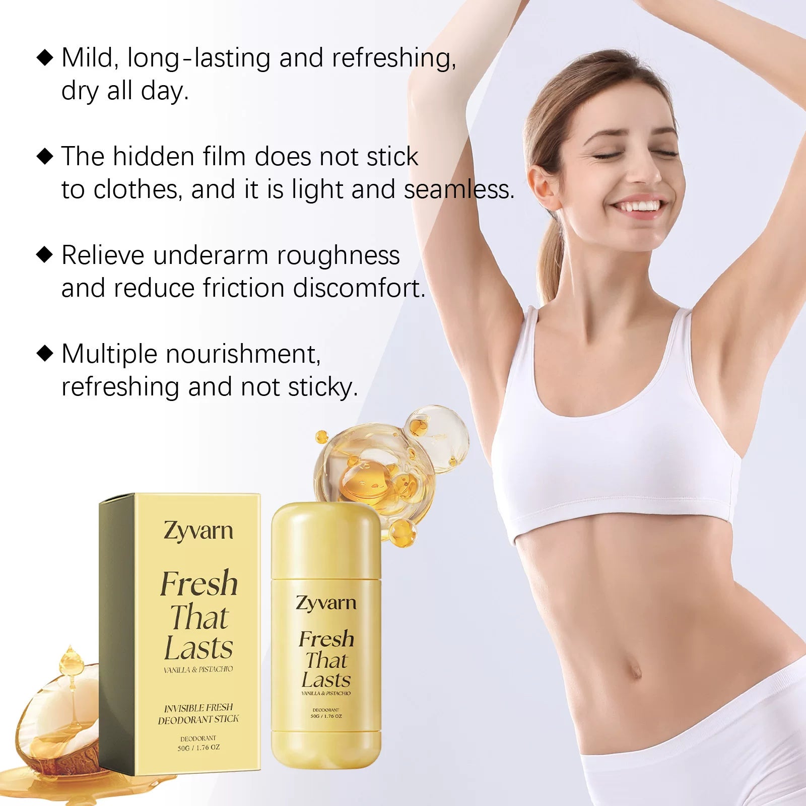 Zyvarn Fresh Invisible Body Stick Daily Care for Body and Armpit Skin, Refreshing and Long-Lasting Scent