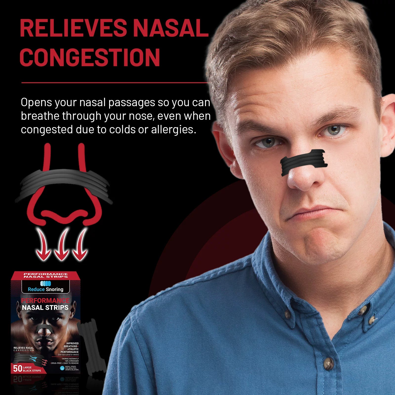High-performance sports nose patches, 50 Nasal Strips, improve respiratory dilators and relieve nasal congestion and stop snoring