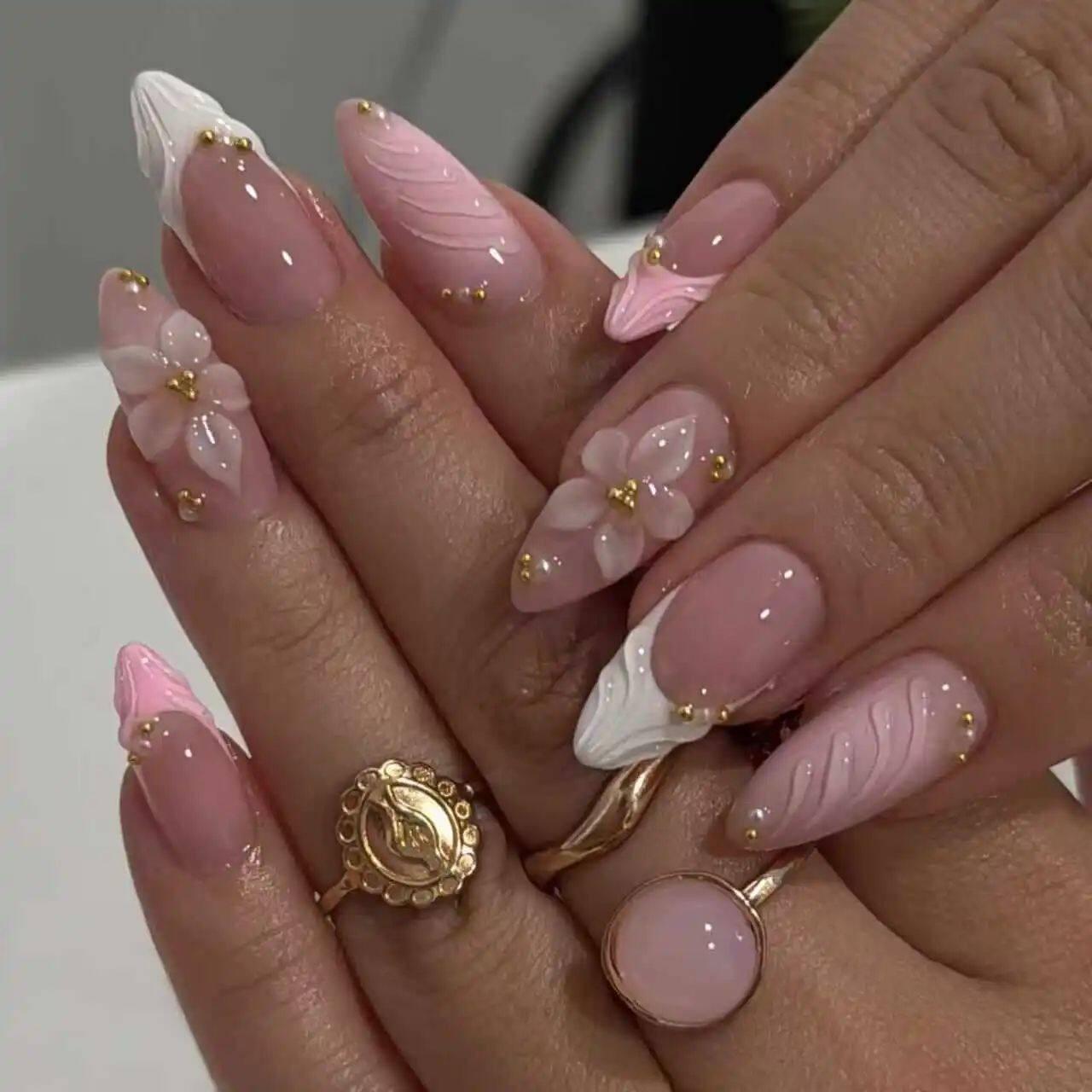 24Pcs Sweet Cool Almond Nail Set Press on Acrylic Nails 3D F.