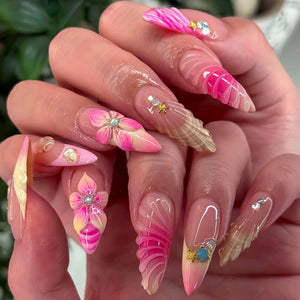 24Pcs Sweet Cool Almond Nail Set Press on Acrylic Nails 3D F.