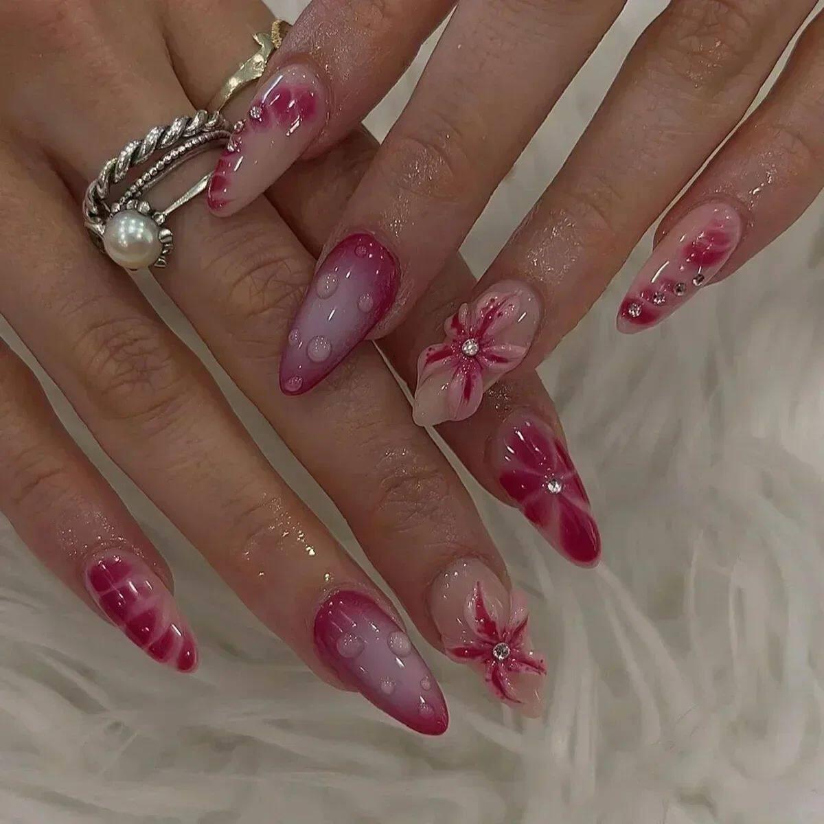 24Pcs Sweet Cool Almond Nail Set Press on Acrylic Nails 3D F.