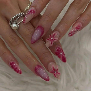 24Pcs Sweet Cool Almond Nail Set Press on Acrylic Nails 3D F.