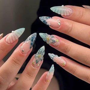24Pcs Sweet Cool Almond Nail Set Press on Acrylic Nails 3D F.