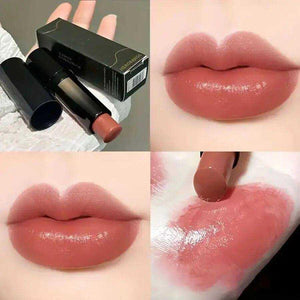 Red brown lipstick with waterproof, moisturizing, and glossy mirror finish in a sleek tube.